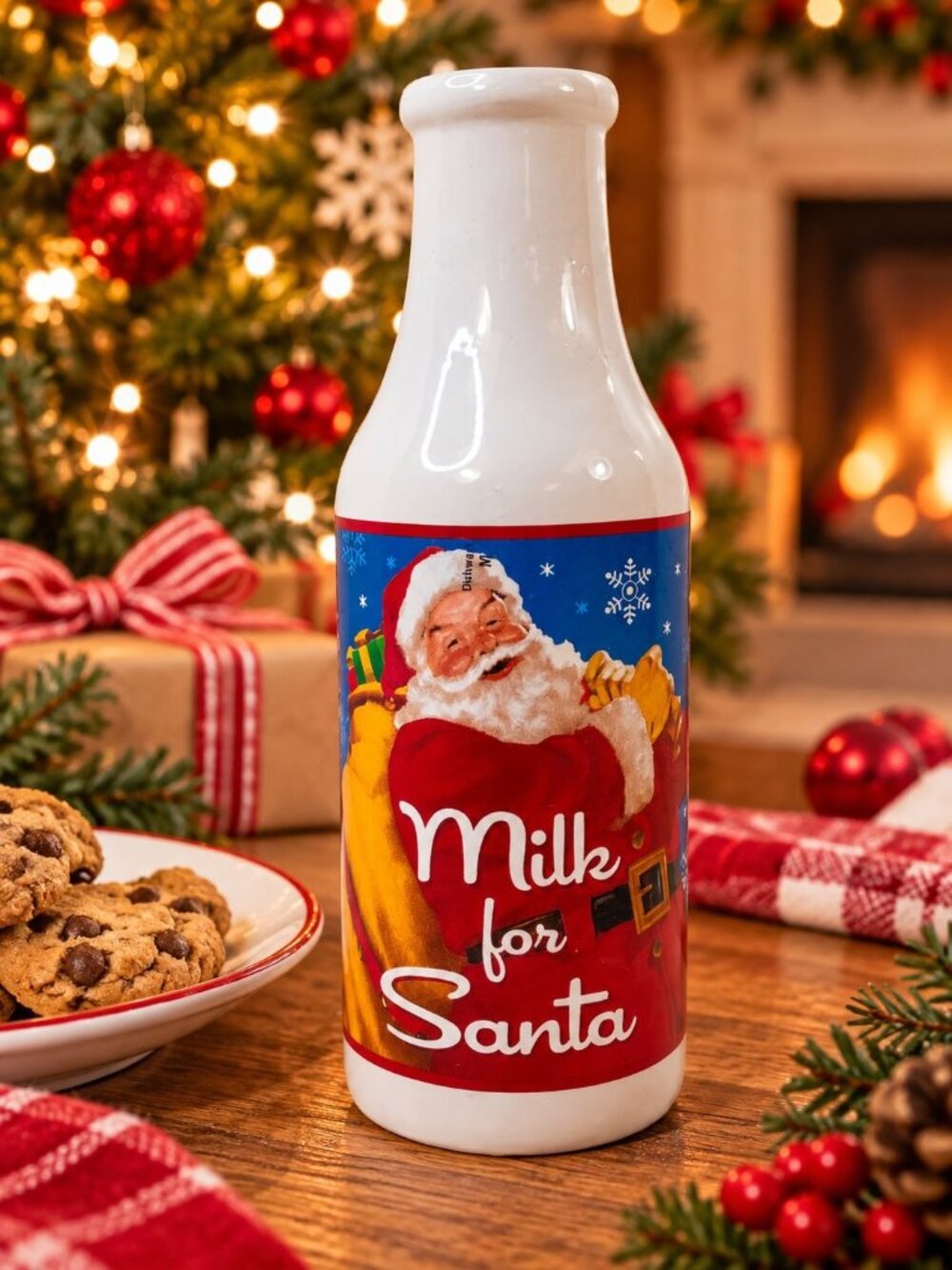 Vintage Milk For Santa Ceramic Bottle Snowflakes Design